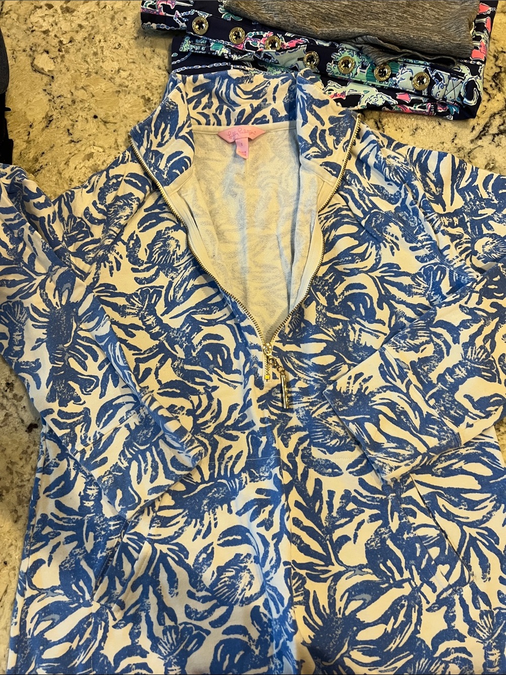 Lilly Pulitzer blue and white pattern pullover zip up